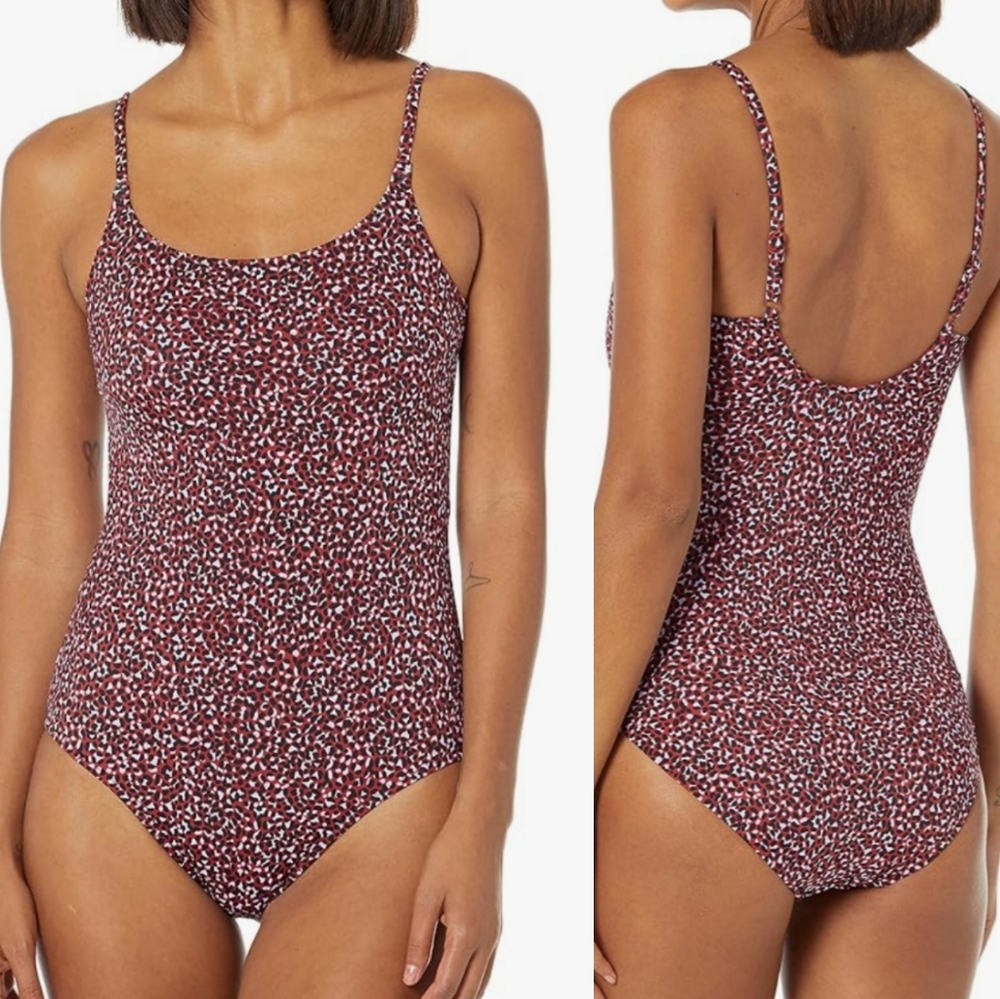 Amazon Essentials Womens Brick Red Leopard Print One Piece Bathingsuit/Swimwear